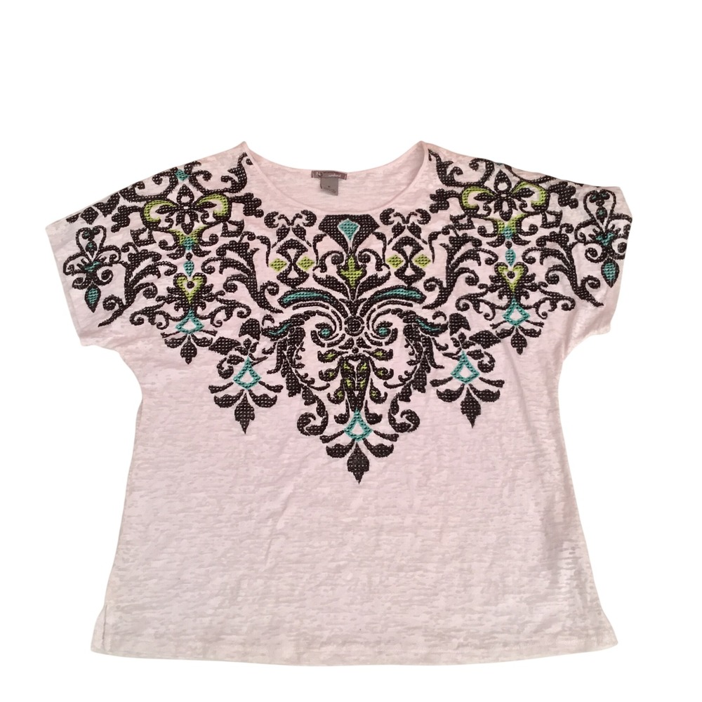 New Directions Weekend Damask Print Burnout Top XL White Black Green Teal Tee